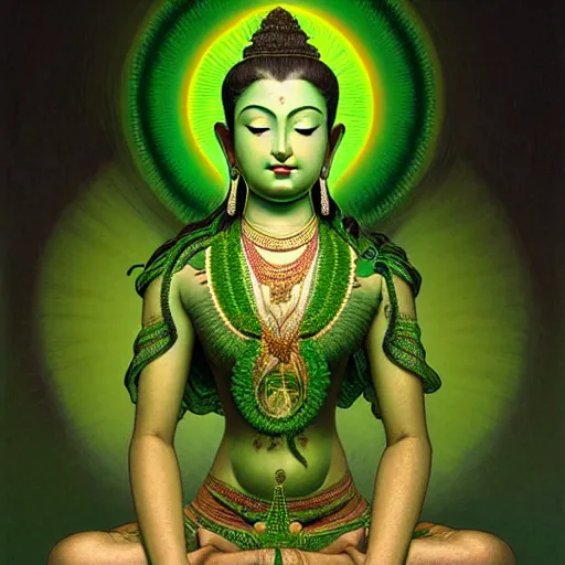 Image similar to intense portrait of the green tara bodhisattva meditating, intricate, elegant, highly detailed, my rendition, digital painting, artstation, concept art, smooth, sharp focus, green color scheme, illustration, art by artgerm and greg rutkowski and alphonse mucha