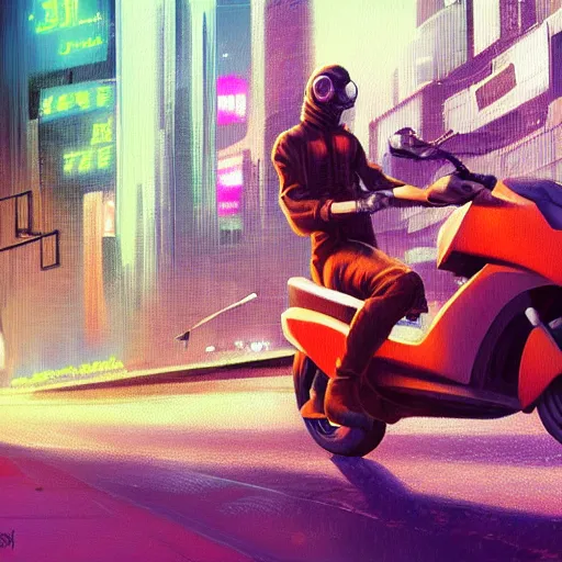 Image similar to capybara, oil painting, cyberpunk synthwave style, riding a motorcycle