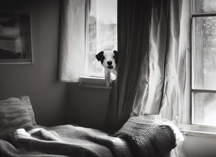 Image similar to photography of a Jack Russel . watching outside the window. on a bed. in a vintage room full of vinyls and posters.,volumetric light, photorealistic,, award winning photo, 100mm, sharp, high res