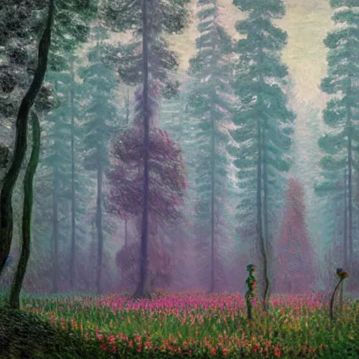 Prompt: A magical forest by Simon Stålenhag and Claude Monet, masterpiece