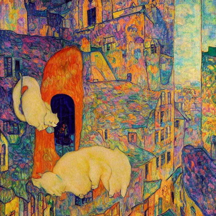 Prompt: dreamy fuzzy white cat sitting in a window, city with gothic cathedral. sun setting through the clouds, vivid iridescent psychedelic colors. munch, agnes pelton, egon schiele, henri de toulouse - lautrec, utamaro, matisse, monet