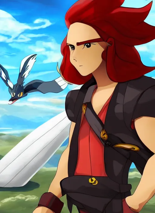 Prompt: A pokemon style portrait of a long haired, red headed male sky-pirate in front of an airship