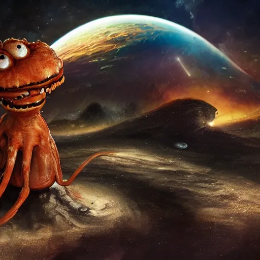 Prompt: one eldritch horror bloody garfield in space, galaxy, hd, 8 k, cinema footage, giant, epic, realistic photo, unreal engine, stars, prophecy, powerful, cinematic lighting, destroyed planet, debris, violent, sinister, ray tracing, dynamic, print, epic composition, dark, horrific, teeth, grotesque