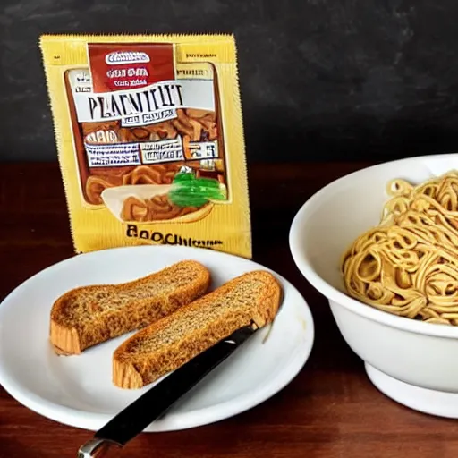 Prompt: peanut butter and noodles on toast fat tabby cat watching over the peanut butter and noodles on toast gourmet include all three things dammit