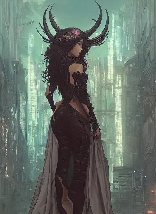 Prompt: a beautiful illustration of a cyberpunk witch with horns in head, intricate, sharp focus, illustration, highly detailed, digital painting, concept art, matte, art by wlop and artgerm and greg rutkowski and alphonse mucha, masterpiece