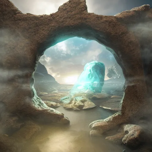 Prompt: realistic photo of an ancient portal to another universe, multiverse, dimension, zbrushcentral, trending on artstation, concept art, hyperrealistic style, creature realistic render, natural volumetric lighting, high resolution, cinematic composition, realistic lighting, realistic reflection, realistic refraction, subsurface scattering