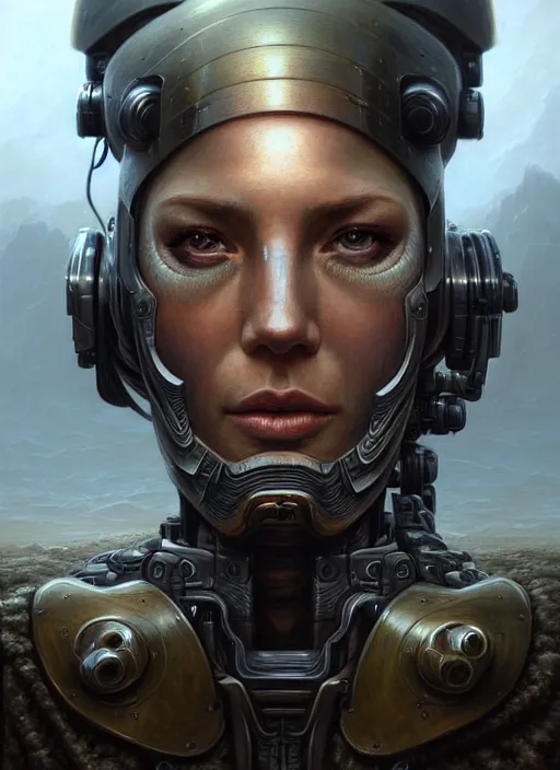 Prompt: closeup portrait shot of a cyborg soldier in a scenic dystopian environment, intricate, elegant, highly detailed, centered, digital painting, artstation, concept art, smooth, sharp focus, illustration, artgerm, tomasz alen kopera, peter mohrbacher, donato giancola, joseph christian leyendecker, wlop, boris vallejo