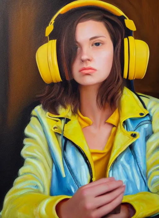 Image similar to young adult woman in a coffee shop wearing bright yellow headphones and a leather jacket looking unamused, natural light, oil painting