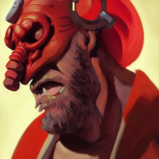 Image similar to greg manchess portrait painting of hellboy as overwatch character, medium shot, asymmetrical, profile picture, organic painting, sunny day, matte painting, bold shapes, hard edges, street art, trending on artstation, by huang guangjian and gil elvgren and sachin teng