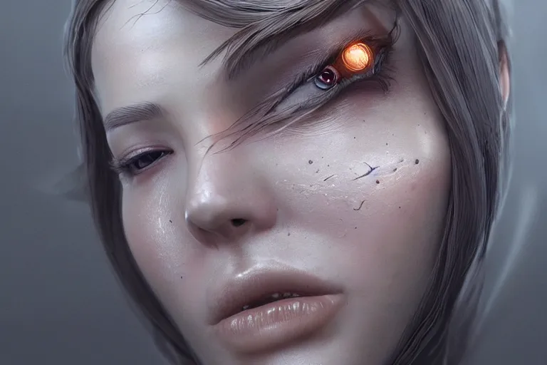 Image similar to ultra realistic, beautiful cyborg woman, eyes closed, sci-fi, fantasy, mythical, intricate, elegant, highly detailed, digital painting, octane render, substance painter, zbrush, artstation, concept art, smooth, sharp focus, eerie, illustration, 8k, HD, art by artgerm and greg rutkowski and raphael