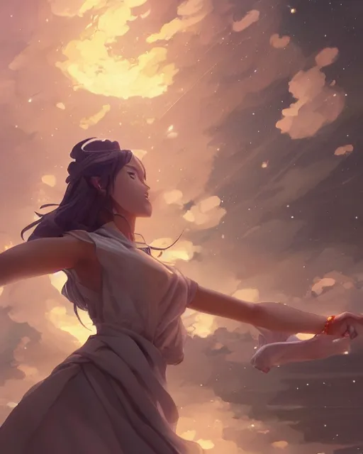 Image similar to goddess pulling meteors from the sky, ambient lighting, full shot, detailed face, 3 d shading, by makoto shinkai, stanley artgerm lau, wlop, rossdraws
