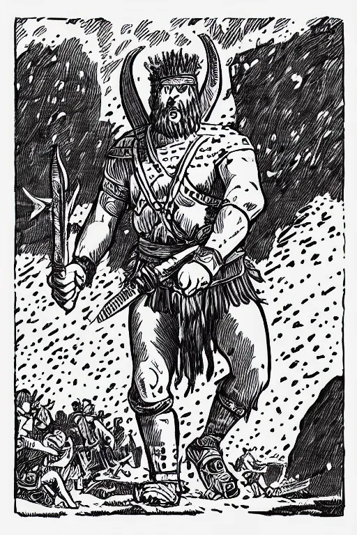 Image similar to ancient historically accurate depiction of the Bible Character Goliath of Gath, the Philistine warrior giant by mcbess