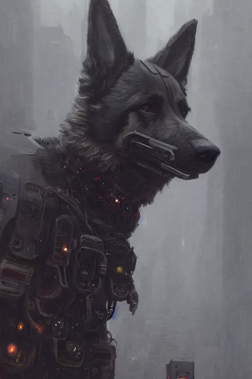 Image similar to new york city portrait of furry anthro anthropomorphic german shepard head animal person fursona wearing clothes strange cybernetic augmentations cyber muzzle gloomy rainy cyberpunk digital art by Greg Rutkowski, Simon Stalenhag, trending on Artstation, CGSociety