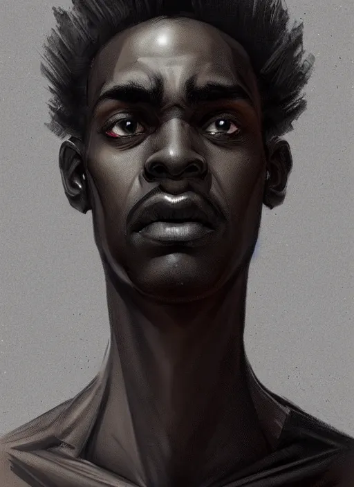 Image similar to portrait of a dark skinned man with a crooked nose and a confident expression, 1 9 6 0 s, black clothes, goth, punk, funk, intricate, elegant, highly detailed, digital painting, artstation, concept art, smooth, sharp focus, illustration, art by wlop, mars ravelo and greg rutkowski