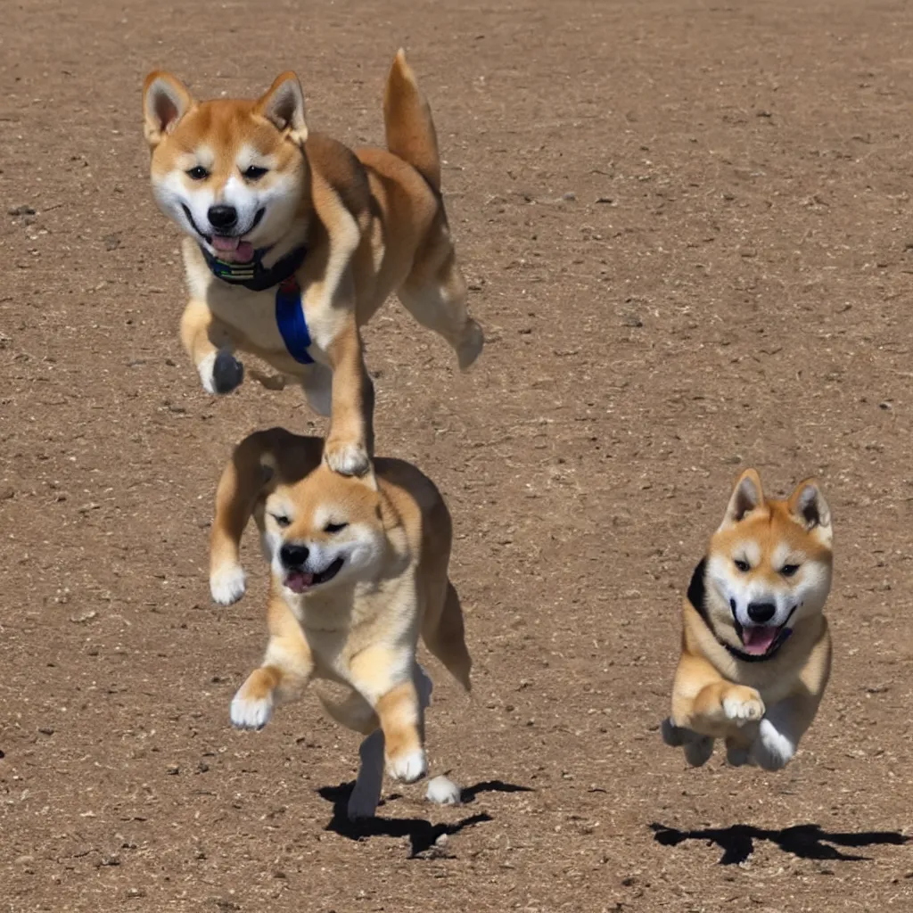 Image similar to A Shiba inu with bionic legs running in the desert