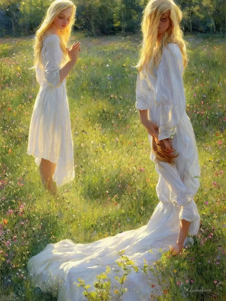 Image similar to blonde woman, dress, swedish countryside, archipelago, morning, masterpiece, highly detailed, beautiful, atmospheric, impressionism, painting by Vladimir Volegov