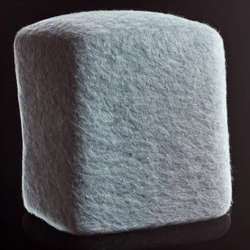 Prompt: “ 8 k hd photograph of a cube made of felt, highly textured ”