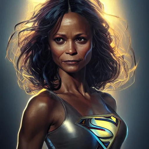 Image similar to full figure ultra realistic illustration, thandie newton as demonic supergirl, intricate, elegant, highly detailed, digital painting, artstation, concept art, smooth, sharp focus, illustration, art by artgerm and greg rutkowski and alphonse mucha