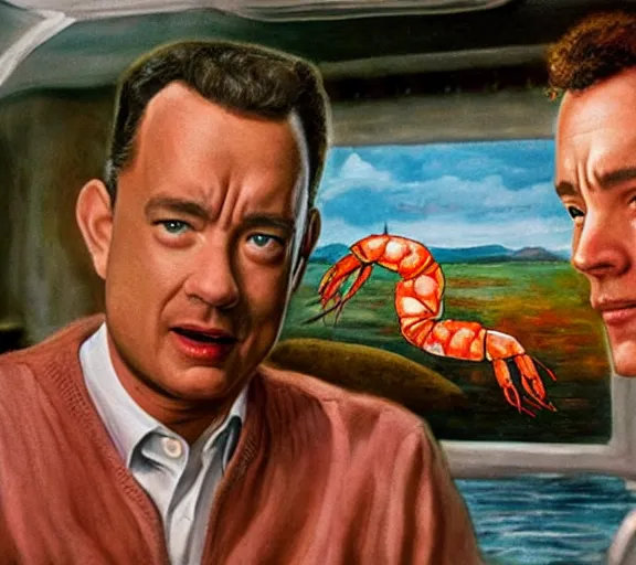 Image similar to Tom hanks as forrest gump sitting in a giant shrimp boat, majestic beautiful world, realism painting, amazing detail