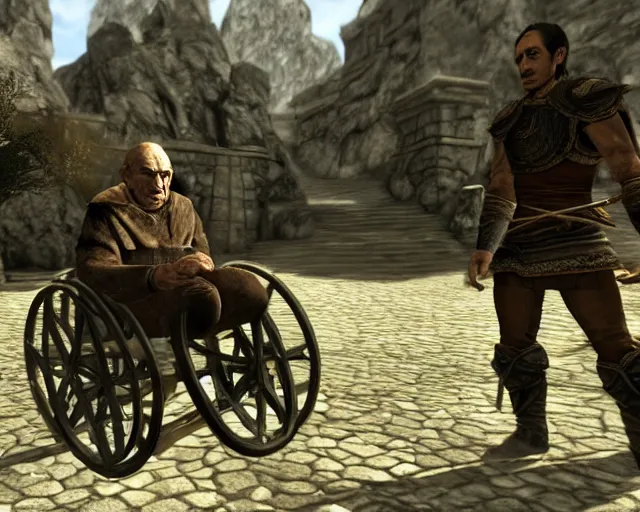 Prompt: hector salamanca on a wheelchair in skyrim, videogame screenshot, skyrim graphics