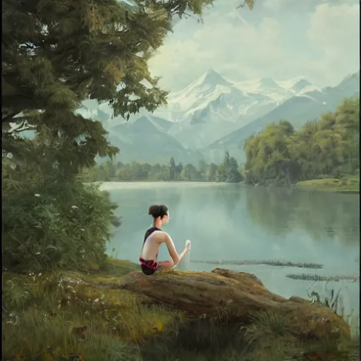 Image similar to Anthropomorphic bird, sitting at a pond, mountainous area, trees in the background, oil painting, by Fernanda Suarez and Edgar Maxence and Greg Rutkowski