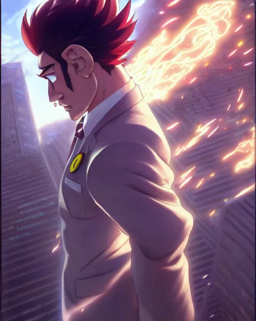 Image similar to gigachad luigi charging ultimate attack like saitama wearing a suit in the city, fantasy character portrait, ultra realistic, anime key visual, concept art, intricate details, highly detailed by yusuke murata, greg rutkowski, ilya kuvshinov, gaston bussiere, craig mullins, simon bisley