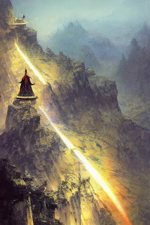 Prompt: from this high rock, from this peak, let the light of worship shine so that the emperor himself might see it from his golden throne., by ryohei hase, by john berkey, by jakub rozalski, by john martin