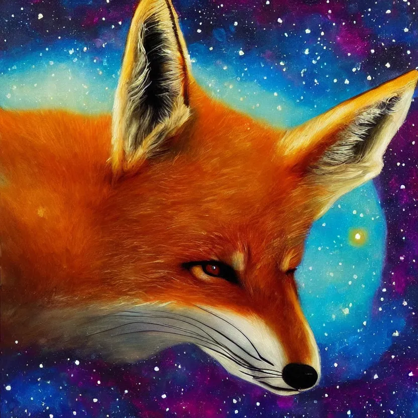 Prompt: a centred painting of a fox looking up at the colourful galaxy in the style of Starry Night, highly detailed, trending on artstation