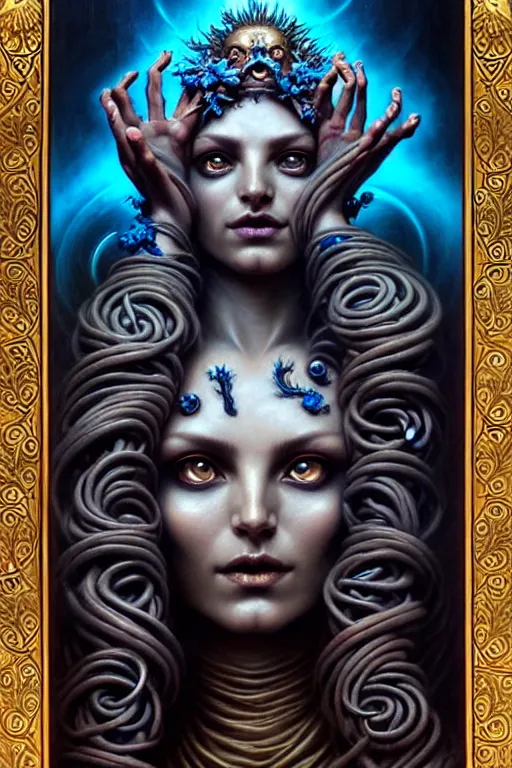 Image similar to A beautiful detailed goddess woman with 6 arms super dark tarot card, gorgeous model face by Stanley Artgerm, by tomasz alen kopera and Justin Gerard, 4 eyes, beautiful symmetrical features, ominous, magical realism, texture, intricate, ornate, royally decorated, melting, whirling smoke, embers, blue adornements, blue torn fabric, radiant colors, fantasy, trending on artstation, volumetric lighting, micro details, 3d sculpture, ray tracing, 8k, anaglyph effect