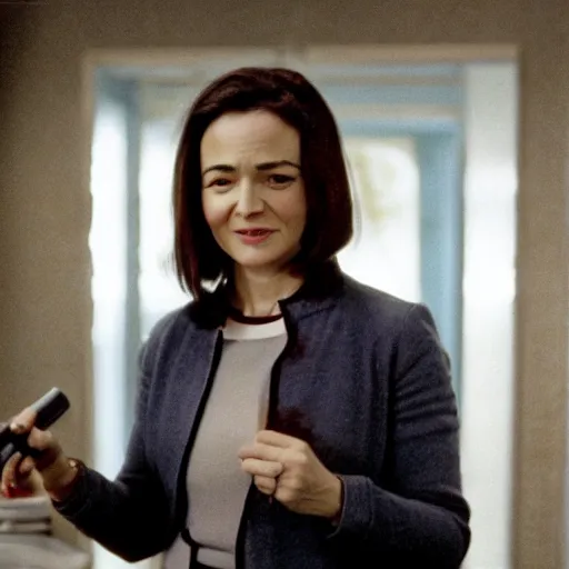 Prompt: Movie still of Sheryl Sandberg holding a knife in The Doomsday Machine, directed by Steven Spielberg