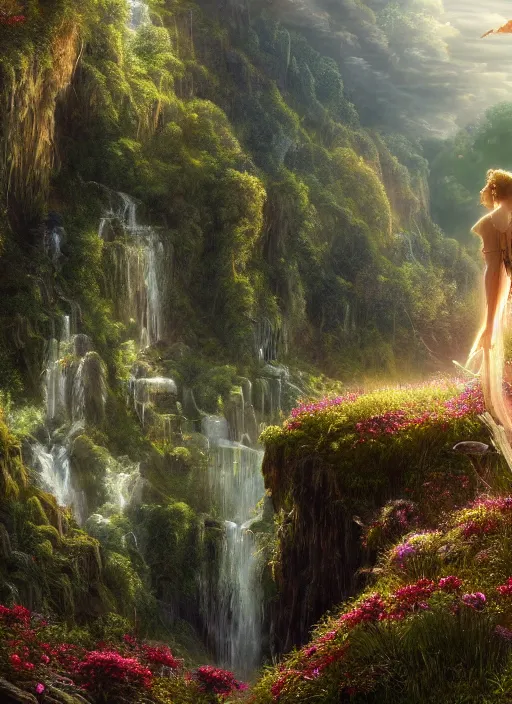 Image similar to an elegant fairy with wings of lace sitting and looking out at a lord of the rings scenery landscape, vast lush valley flowers and mushroom structures, stream, sunrise, god's rays highly detailed, vivid color, cinematic lighting, perfect composition, 8 k, gustave dore, derek zabrocki, greg rutkowski, belsinski, octane render