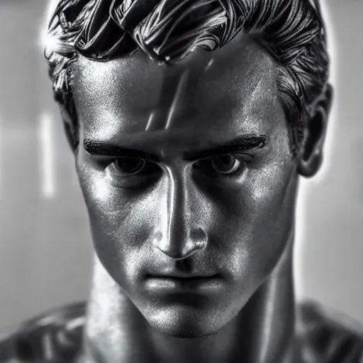 Image similar to “ a realistic detailed photo of a guy who is an attractive humanoid who is half robot and half humanoid, who is a male android, soccer player antoine griezmann, shiny skin, posing like a statue, blank stare, at the museum, on display, spiral hypnotic eyes ”