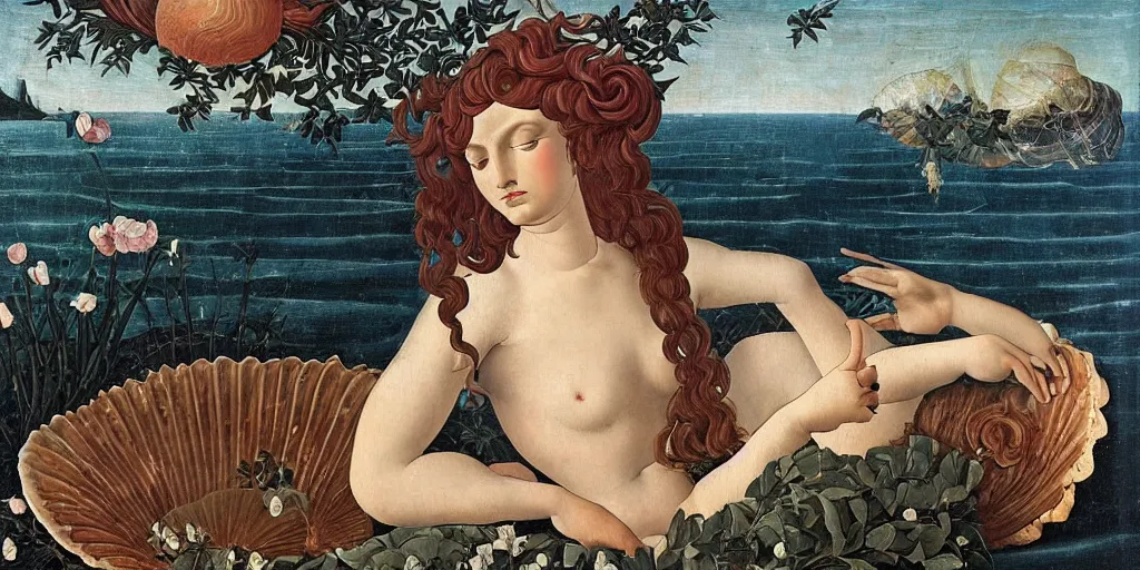 Image similar to an hyperrealistic mythological oil painting of venus with long curly brown hair, full body, wearing floral chiton, sleeping in a giant scallop shell near the seashore, intricate, elegant, renaissance style, by sandro botticelli