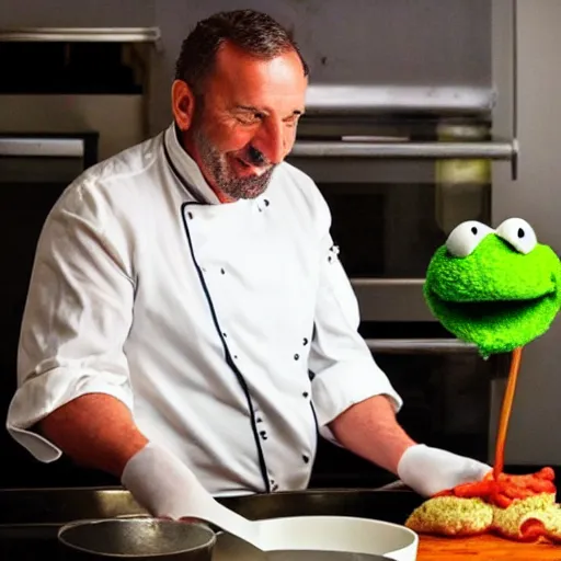 Image similar to italian chef cooking a muppet in a pot