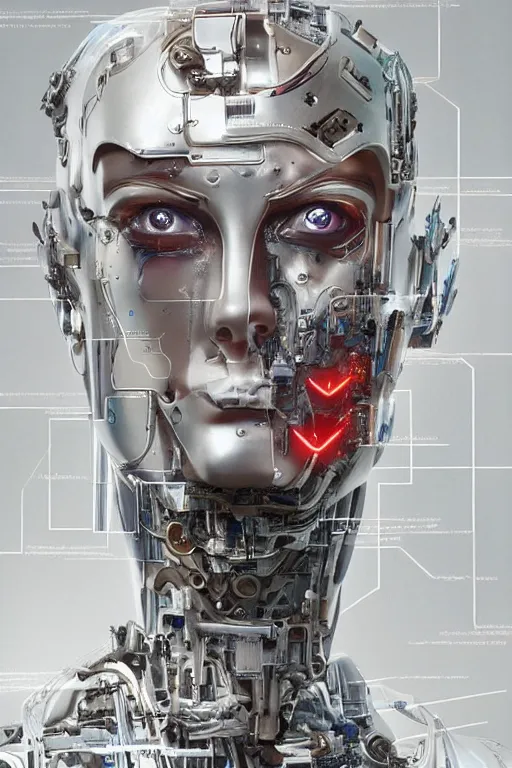 Image similar to futurist half human half robot soldier, art by leyendecker, head and shoulders portrait, blood, cyberpunk, cybernetic implants, warrior face paint, flower ornament in the background, very intricate, award winning, extreme details