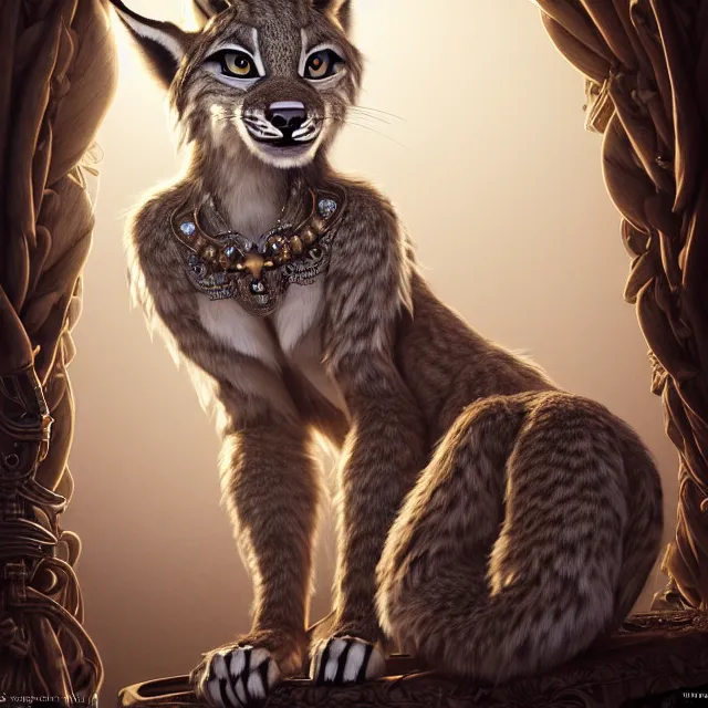Image similar to the portrait of anthropomorphic lynx fursona wearing a steampunk dress as unimaginably beautiful, gorgeous, elegant, young lynx, an ultrafine hyperdetailed illustration by kim jung gi, irakli nadar, intricate linework, white fur, unreal engine 5 highly rendered, global illumination, radiant light, detailed and intricate environment