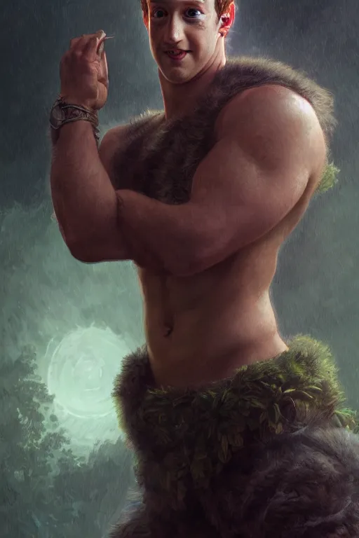 Image similar to portrait of mark zuckerberg as a hulking herculean demon, forest, godlike, full body, fantasy, intricate, elegant, highly detailed, digital painting, artstation, concept art, sharp focus, illustration, art by artgerm and greg rutkowski and alphonse mucha