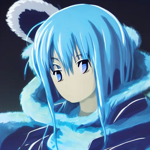 Image similar to rimuru tempest, that time i got reincarnated as a slime, super detailed, professional digital painting, concept art, extreme illustration, unreal engine 5, photorealism, hd quality, 8 k, black hoodie, fur scarf, cinematic, art by andy warhol, yoshitaka amano