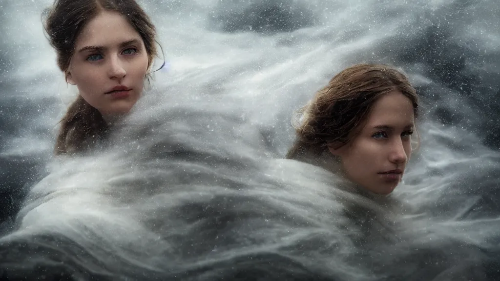 Image similar to mage, norway fjord, extreme close up portrait, hudson river school, max rive, stormy seas, white royal dress, beautiful, bokeh, gentle, female, snowy, storm clouds, god rays, close up portrait, d & d, fantasy, elegant, low key color palette, concept art, roger deakins and greg rutkowski and alphonse mucha