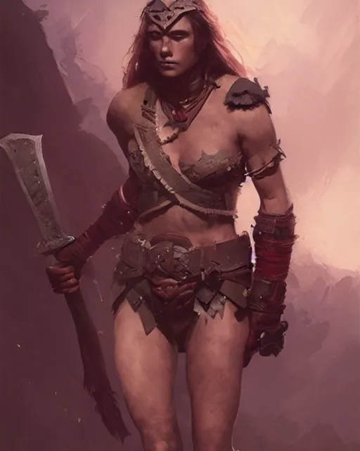 Image similar to barbarian warrior girl, full body, cinematic, artstation, cgsociety, greg rutkowski, james gurney, mignola, craig mullins, brom