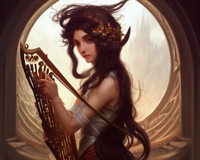Image similar to photography of a dark long haired elve playing harp, deep focus, d & d, fantasy, intricate, elegant, highly detailed, digital painting, artstation, concept art, matte, sharp focus, illustration, hearthstone, art by artgerm and greg rutkowski and alphonse mucha