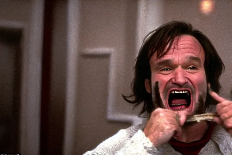 Image similar to Robin Williams as Jack Torrance shouting here’s Johnny The Shining 1980