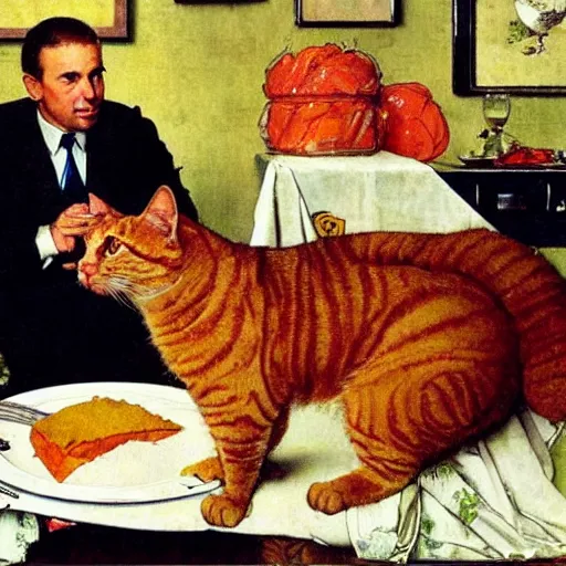 Prompt: fat orange tabby cat next to curly haired man and lasagna on table, norman rockwell