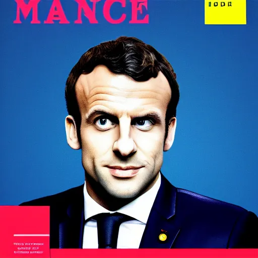 Image similar to colorful Cover of Emmanuel Macron magazine, white borders, 50mm photography, high quality, 4K