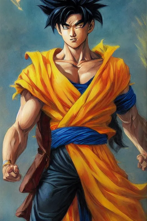 Image similar to simu liu as goku. art by gaston bussiere.