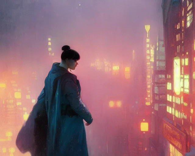 Image similar to 2 0 1 8 blade runner movie still girl look at the cityscape from roof perfect face fine realistic face pretty face neon puffy jacket blue futuristic sci - fi elegant by denis villeneuve tom anders zorn hans dragan bibin thoma greg rutkowski ismail inceoglu illustrated sand storm alphonse mucha