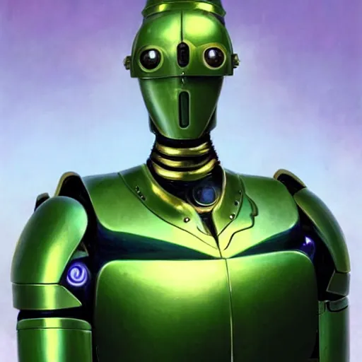Prompt: a humanoid robot, with blue skin, green metallic joints exposed, golden armour moulded onto its torso. it's head is smooth, with circular eyes that glow. fantasy painting by greg rutkowski