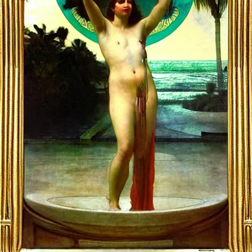 Image similar to Justice with a blood dripping chalice at the palace, thunderstorm, greek pool, beach and palm trees on the background major arcana sky, by paul delaroche, alphonse mucha and arnold böcklin arnold böcklin hyperrealistic 8k, very detailed