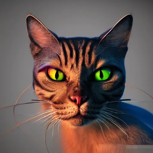 Image similar to Photorealistic demon cat. Hyperdetailed photorealism, 108 megapixels, amazing depth, glowing rich colors, powerful imagery, psychedelic Overtones, 3D finalrender, 3d shading, cinematic lighting, artstation concept art