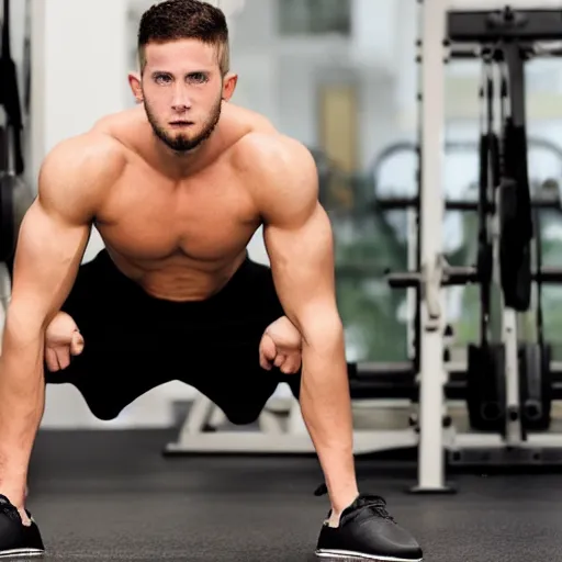 Image similar to a handsome hunky young antichrist working out